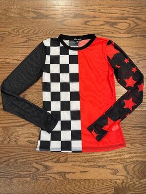 Dolls Kill Current Mood Black, White & Red Checkerboard Star Mesh Top
